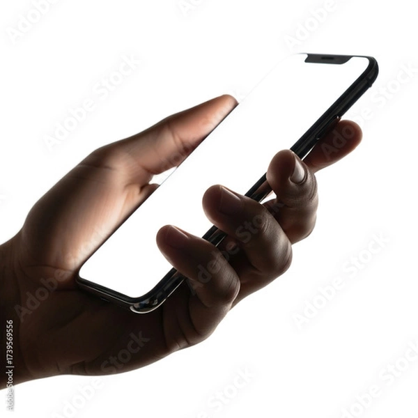 Fototapeta Close up of a hand holding a modern smartphone against a white background