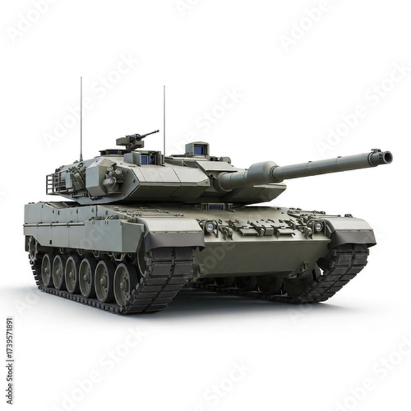 Fototapeta Modern military tank with cannon and tracks on a white background