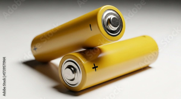 Fototapeta Two yellow aa batteries with positive and negative terminals visible