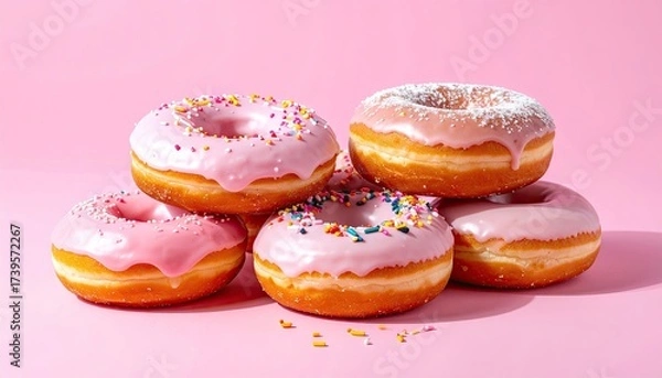 Obraz Stack of Pink Frosted Donuts with Colorful Sprinkles on Pink Background Bright Studio Lighting Sweet Treat Confection Dessert Baked Goodness Still Life