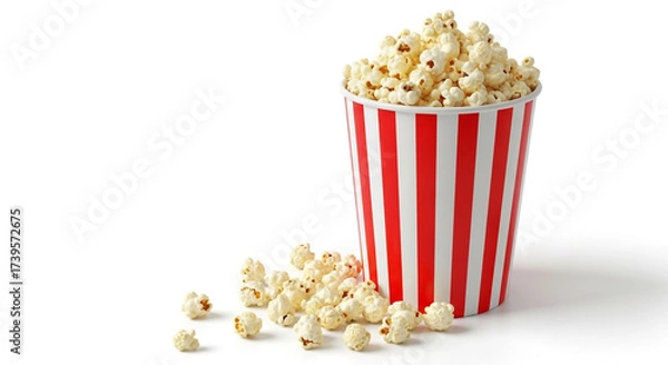 Fototapeta Classic red and white striped popcorn tub overflowing with freshly popped kernels