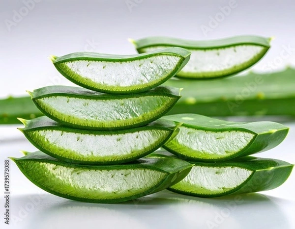 Fototapeta Stacked Aloe Vera Slices on White Reflective Surface Close Up View in Studio Lighting Freshness and Translucence