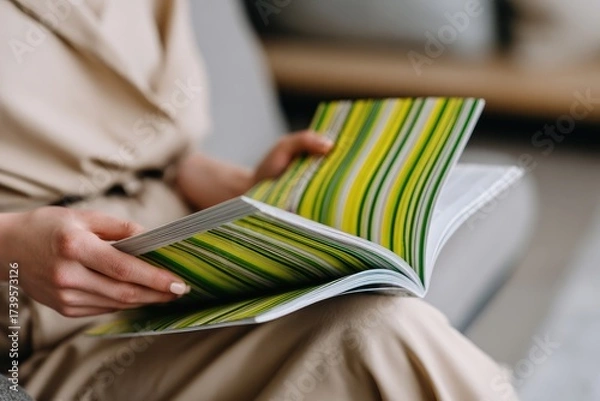 Obraz Person sits, holds open magazine featuring green and yellow stripes; focused shot