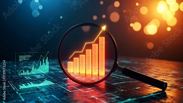 Obraz Magnifying glass highlights financial bar chart with rising arrow, representing business growth, investment success, profit strategy, and economic performance.