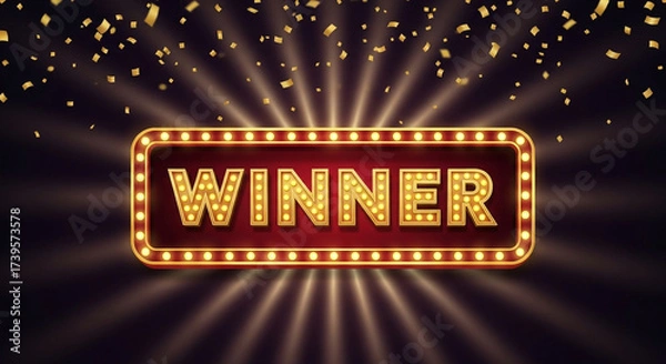 Fototapeta Winner sign with falling confetti and spotlight effect