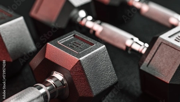 Obraz Close-up of multiple hexagonal dumbbells with chrome handles on a dark surface