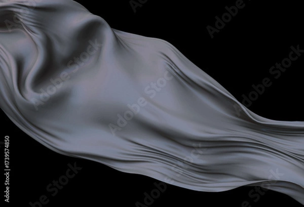 Fototapeta 3D illustration depicts a flowing, wavy gray metallic fabric on a black background, featuring smooth, fluid curves, glossy reflections, and abstract shapes evoking liquid motion in subtle gray shades.
