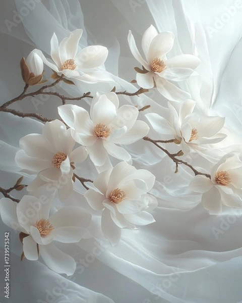 Fototapeta Elegant White Magnolia Flowers on Soft Fabric Background magnolia white fabric elegant soft flower