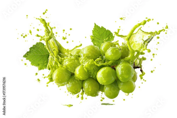 Fototapeta Green grapes splash with a vibrant, fresh juice burst, isolated on a black background