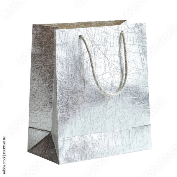 Fototapeta A silver paper shopping bag, empty with twisted rope handles, set against a transparent background