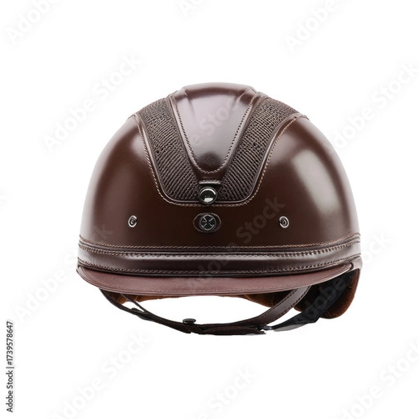 Fototapeta Rear view of a brown equestrian helmet. Mesh panel detail on the crown and leather trim