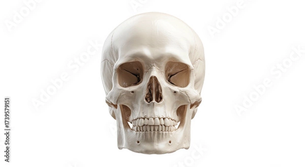 Fototapeta A frontal view of a human skull against a stark black background, showcasing anatomical detail