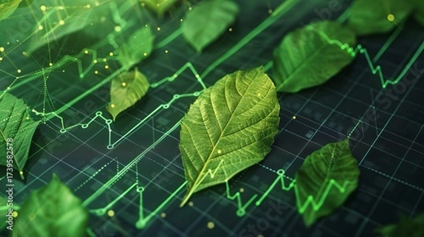 Fototapeta A vibrant display of green leaves with digital graphs, symbolizing nature and technology interconnection in environmental studies.