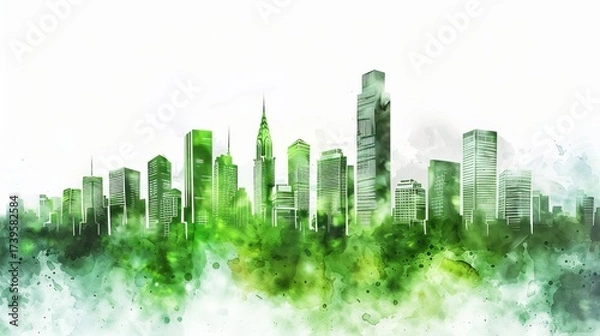 Fototapeta A vibrant green city skyline illustration, showcasing modern architecture and a harmonious blend with nature, symbolizing sustainability.