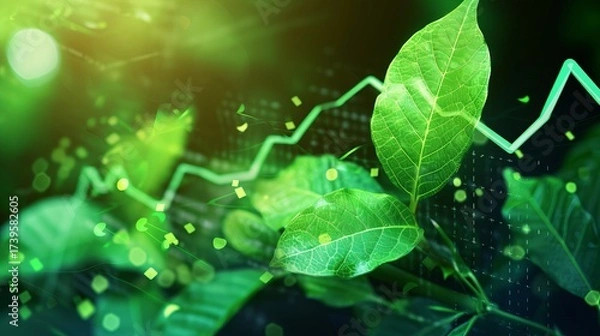 Fototapeta A vibrant green leaf background representing growth, nature, and environmental awareness with a digital touch.