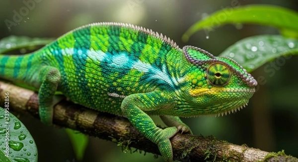 Fototapeta A Chameleon's Colorful Stroll Captivating Nature Photography of a Lizard on a Branch