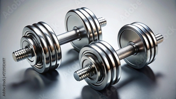 Fototapeta Two shiny metal dumbbells sitting on a reflective surface with a gradient background in the studio created with generated ai