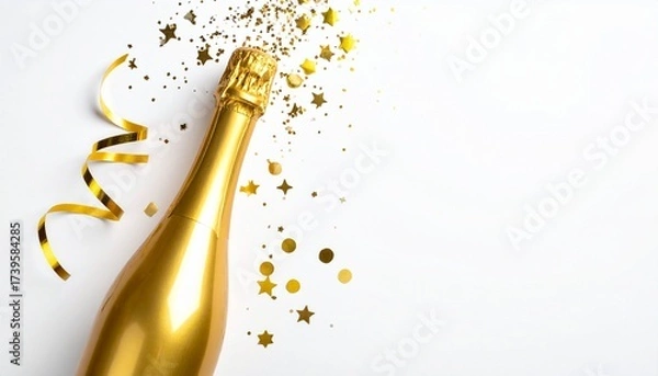 Obraz Golden champagne bottle with festive ribbon, confetti, and glitter on white surface.