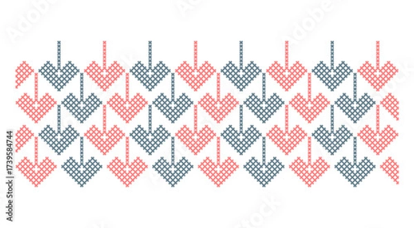 Fototapeta National traditional embroidery texture with hearts. Detailed ornamental pattern. Textile print abstract background. Vector illustration
