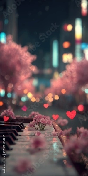 Obraz Piano keys adorned with pink blossoms, overlooking a blurred city street at dusk with heart-shaped bokeh