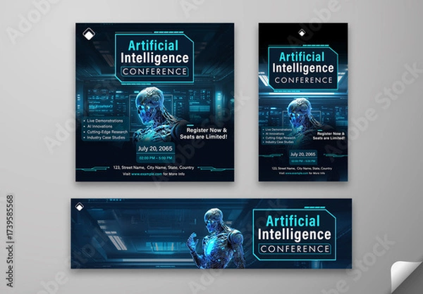 Fototapeta Editable Artificial Intelligence Conference Template – Blue Cybernetic Robot Theme with Futuristic Command Center