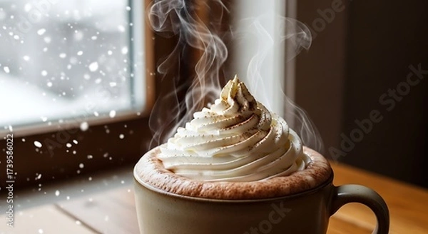 Fototapeta Steaming Hot Chocolate with Whipped Cream by the Window.