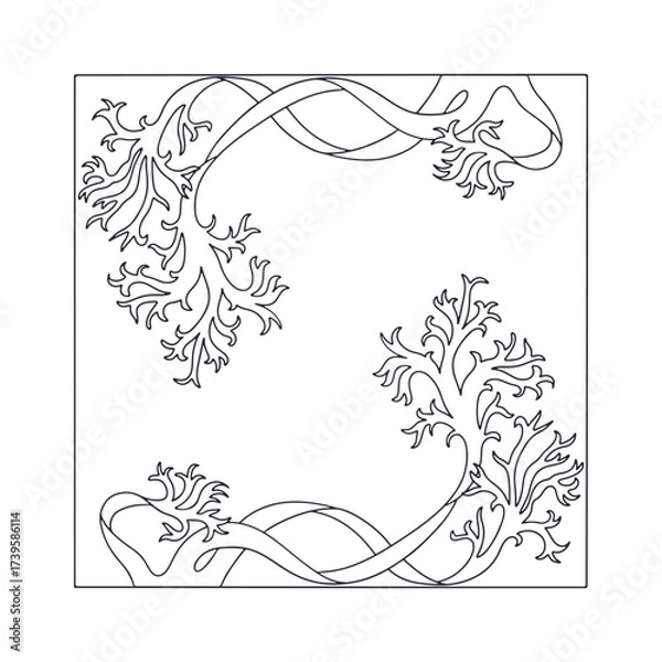 Fototapeta Elegant Art nouveau style seaweed frame hand drawn monochrome vector illustration