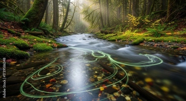 Fototapeta Serene Stream Flowing Through a Lush Forest, Illuminated by Sunlight