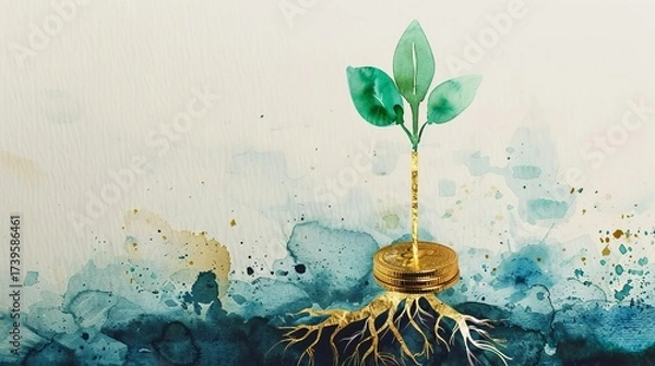 Fototapeta A vibrant sprout symbolizing growth and prosperity, emerging from golden coins on a colorful abstract background.