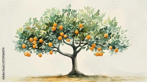 Fototapeta A vibrant illustration of an orange tree, laden with ripe oranges creating a lush and inviting scene for nature lovers.