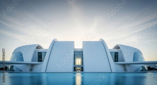 Fototapeta Futuristic architecture with modern design reflected in tranquil water under a bright sky
