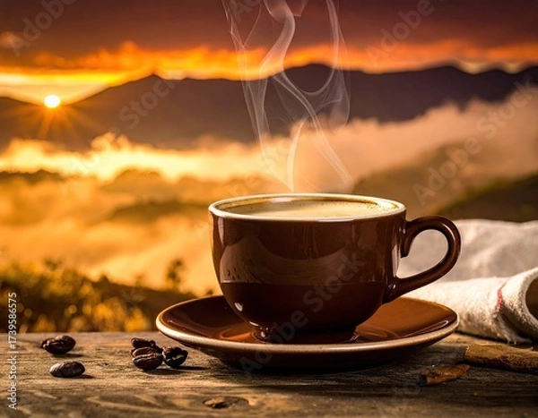 Fototapeta Steaming Coffee Cup on Rustic Wood with Mountain Sunrise Background Warm Light and Golden Sky Creates Relaxing and Serene Morning Ambiance