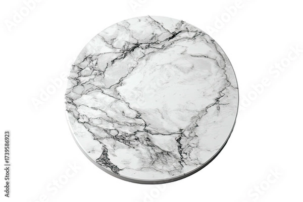 Fototapeta A round, marble-patterned accessory, white and grey swirls against a black background