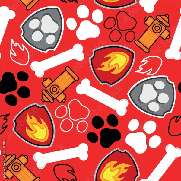 Fototapeta Seamless Firefighter Paw Pattern on Red Background