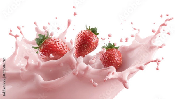 Fototapeta Three red berries are captured mid-air, surrounded by a splash of pink liquid