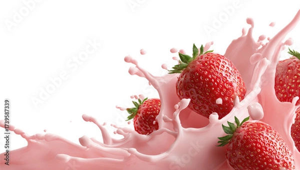 Fototapeta Bright red strawberries burst from pink liquid, creating a dynamic splash against a black background