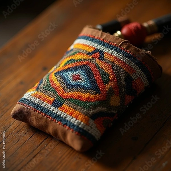 Obraz A close up of a colorful and intricate seed bead pattern on a traditional Native American beaded medicine bag