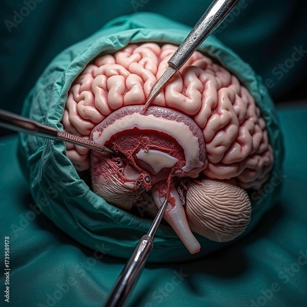 Fototapeta A close up macro shot of a delicate neurosurgery procedure showing the intricate folds of the human brain under bright lights