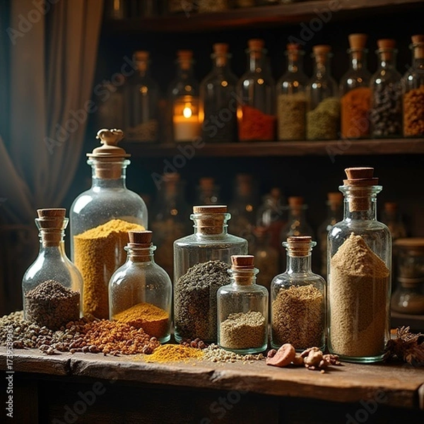 Obraz A detailed still life of ancient apothecary jars filled with dried herbs and powders in a historical pharmacy setting