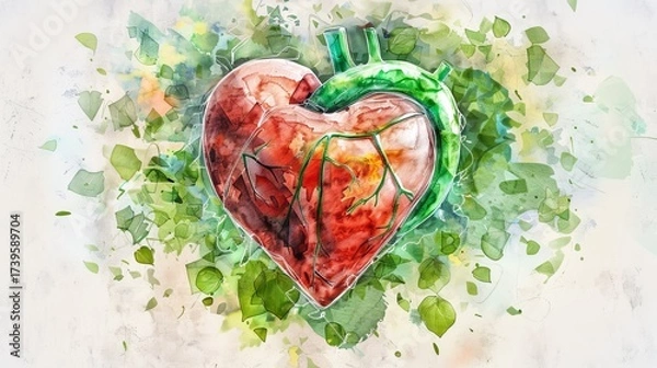 Fototapeta A vibrant watercolor illustration of a heart intertwined with nature, symbolizing love, life, and harmony with the environment.