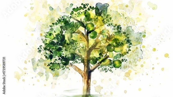 Fototapeta A vibrant watercolor illustration of a lush green tree showcasing the beauty of nature with splashes of color and texture.