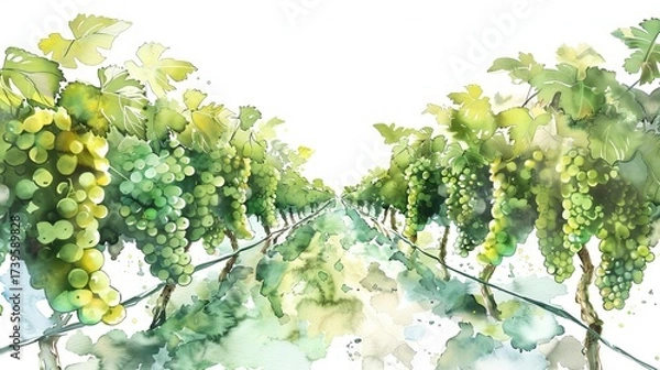 Fototapeta A vibrant watercolor illustration of lush green vineyards with ripe grape clusters, capturing the essence of nature's bounty.