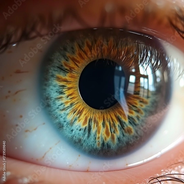 Obraz A hyper realistic close up of a human eye showing the detailed texture of the iris and the reflection of a window
