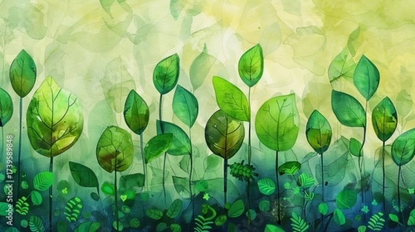 Fototapeta A vibrant watercolor illustration showcasing various green leaves, capturing the beauty and texture of nature in a fresh, artistic way.