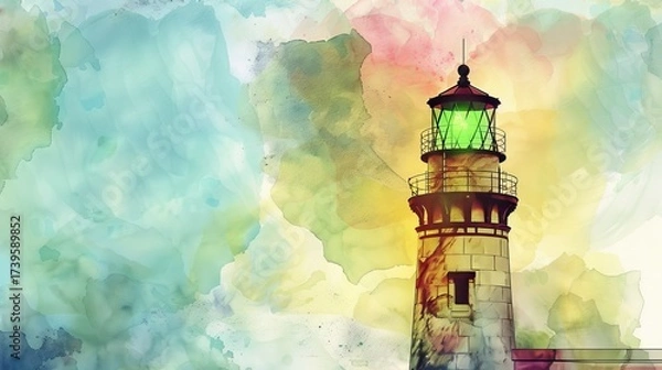 Fototapeta A vibrant watercolor painting of a lighthouse set against a colorful sky, symbolizing guidance and hope.