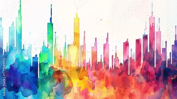 Fototapeta A vibrant watercolor skyline featuring colorful skyscrapers against a bright backdrop, perfect for modern art or urban themes.