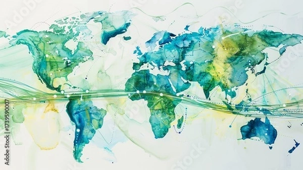 Fototapeta A vibrant watercolor world map showcasing waves of color, symbolizing global connectivity and cultural diversity.