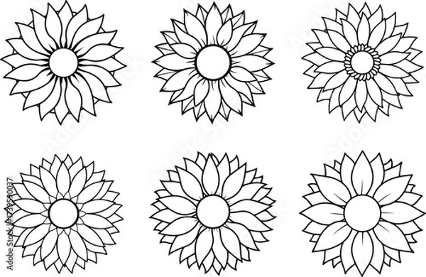 Obraz Collection of sunflower outline vector illustration line art