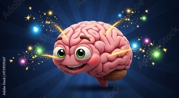 Fototapeta Happy Cartoon Brain Character with Glowing Neural Connections.