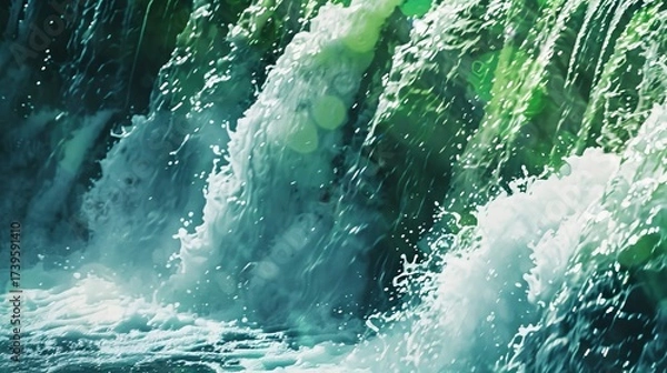 Fototapeta Captivating close-up of a waterfall showcasing intricate water patterns and vibrant green hues in nature.